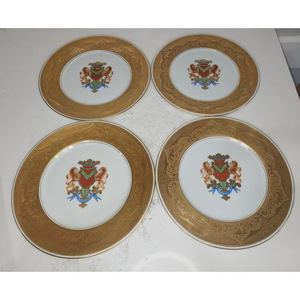 Set Of 4 Bohemia Czech Stouffer China Hand Painted Gold Lion Coat Of Arms Plates